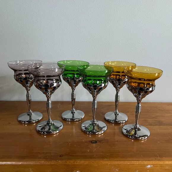 Vtg Set of 6 Wine Glasses/Goblets w/Colored Glass & Silver-Plated Stem & Base - Picture 2 of 11